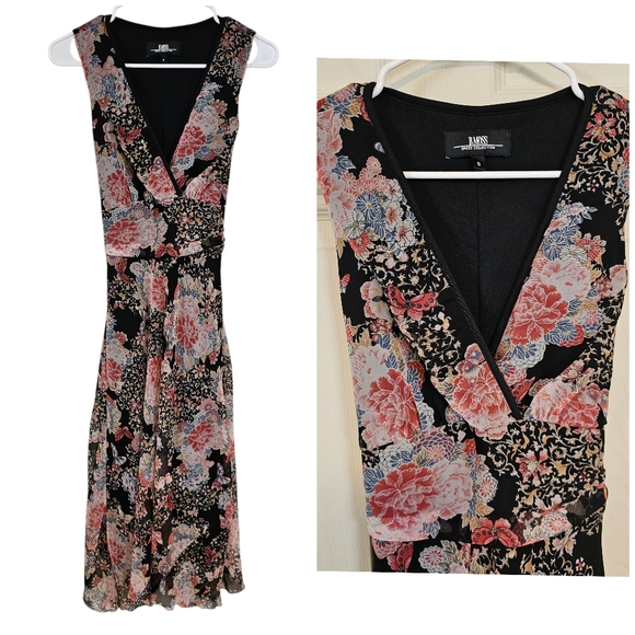 Vintage Dresses & Skirts - B.Moss Vintage Y2K Floral Mesh Overlay Vneck Tie In Back Midi Dress